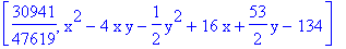 [30941/47619, x^2-4*x*y-1/2*y^2+16*x+53/2*y-134]